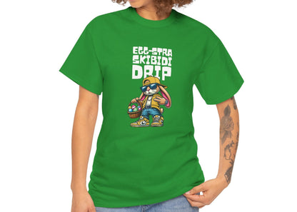 Modeled view of a green Skibidi Drip Easter T-shirt featuring a stylish bunny with sunglasses, exuding pure skibidi sigma drip. A bold and trendy Easter pick. Part of the Vivid Divergence Sensory Friendly Unisex Tees Range.