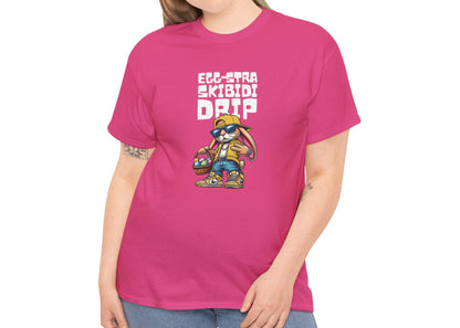 Modeled view of a pink Skibidi Drip Easter T-shirt with a meme-inspired drippy bunny design. A fun, bold tee with peak skibidi rizz energy. Part of the Vivid Divergence Sensory Friendly Unisex Tees Range.