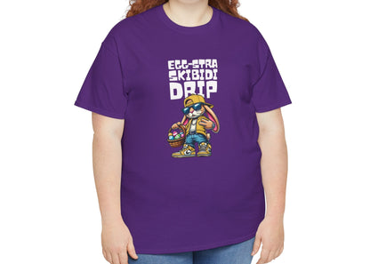 Modeled view of a purple Skibidi Drip Easter T-shirt with a stylish bunny and "Eggstra Skibidi Drip" text. A fun and trendy Easter meme tee packed with skibidi sigma energy. Part of the Vivid Divergence Sensory Friendly Unisex Tees Range.