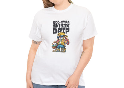 Modeled view of a white Skibidi Drip Easter T-shirt showcasing an Easter bunny flexing swag with "Eggstra Skibidi Drip" text. The perfect viral meme tee for Easter. Part of the Vivid Divergence Sensory Friendly Unisex Tees Range.