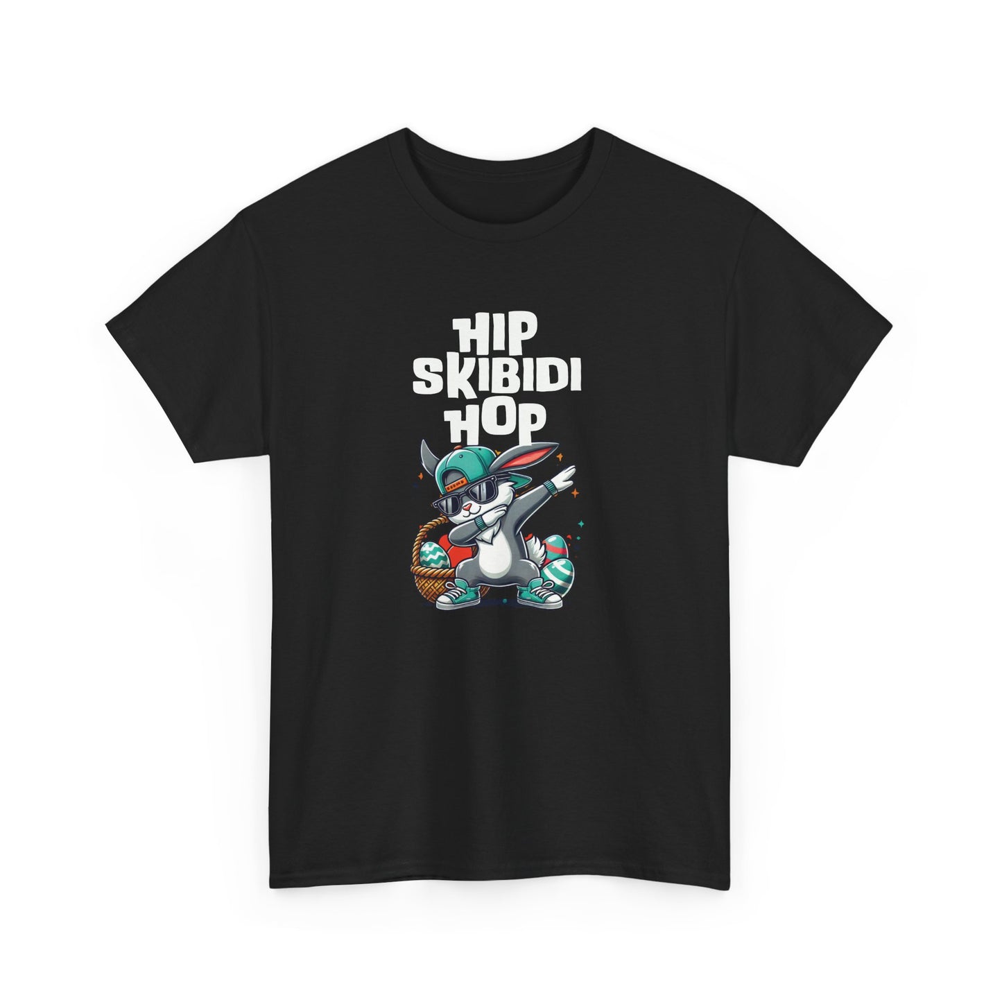 Front view of a black skibidi sigma T-shirt featuring a dabbing Easter bunny and "Hip Skibidi Hop" phrase. A bold, meme-style Easter tee. Part of the Vivid Divergence Sensory Friendly Unisex Tees Range.