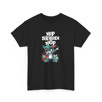 Front view of a black skibidi sigma T-shirt featuring a dabbing Easter bunny and "Hip Skibidi Hop" phrase. A bold, meme-style Easter tee. Part of the Vivid Divergence Sensory Friendly Unisex Tees Range.