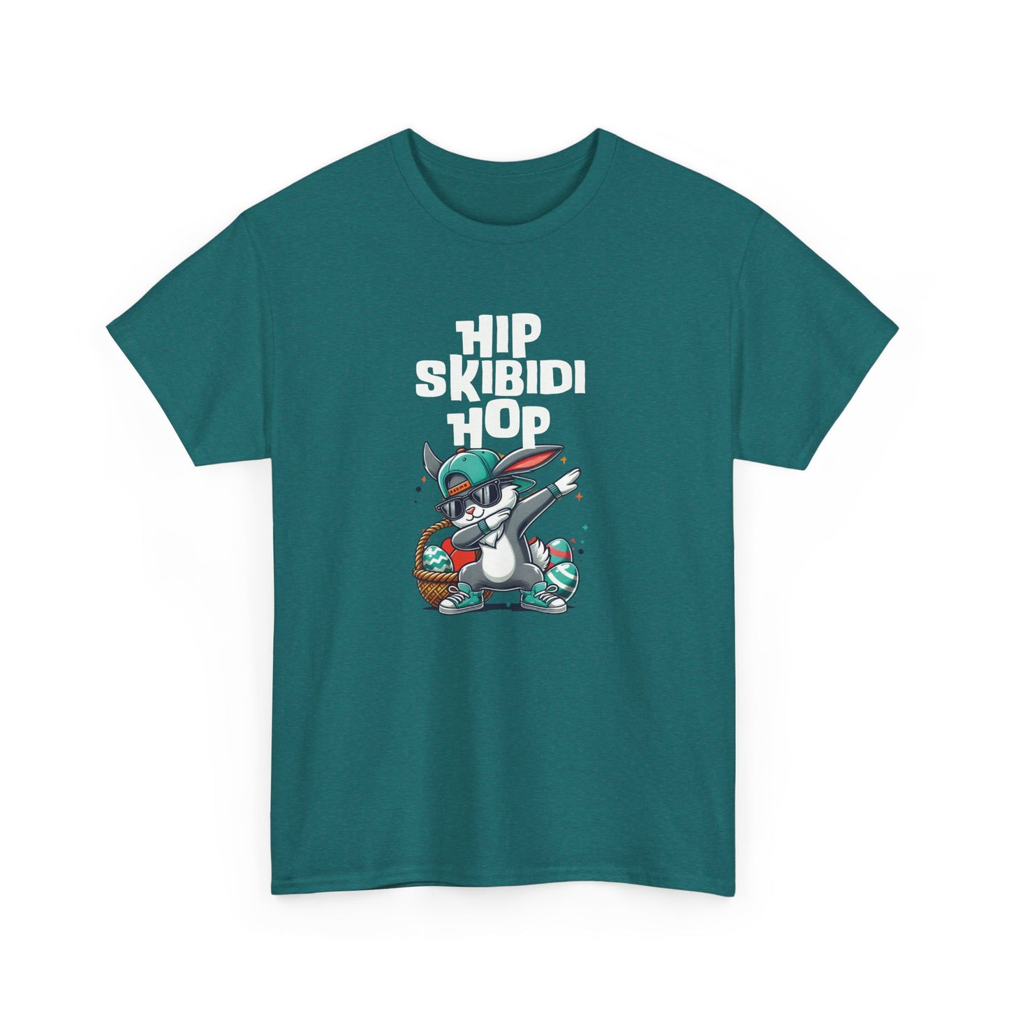 Front view of a dark teal meme-inspired Easter T-shirt featuring a dabbing bunny and "Hip Skibidi Hop" text. A stylish, fun skibidi sigma tee. Part of the Vivid Divergence Sensory Friendly Unisex Tees Range.