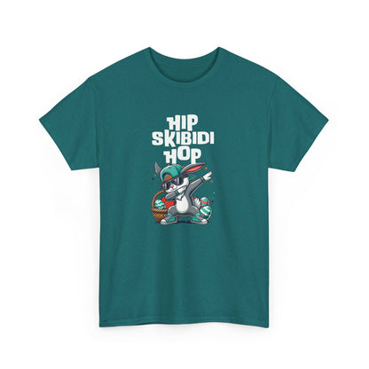 Front view of a dark teal meme-inspired Easter T-shirt featuring a dabbing bunny and "Hip Skibidi Hop" text. A stylish, fun skibidi sigma tee. Part of the Vivid Divergence Sensory Friendly Unisex Tees Range.