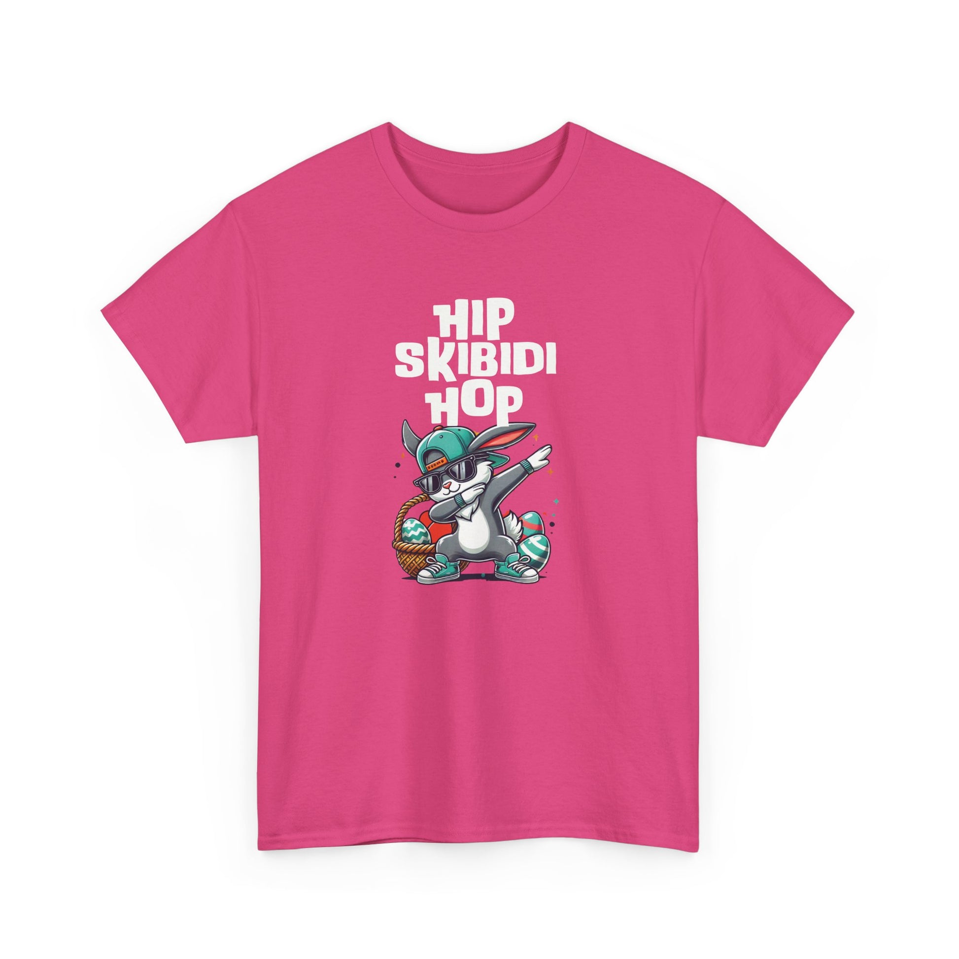 Front view of a bright pink skibidi rizz Easter T-shirt featuring a dabbing bunny and "Hip Skibidi Hop" text. A fun, eye-catching design. Part of the Vivid Divergence Sensory Friendly Unisex Tees Range.