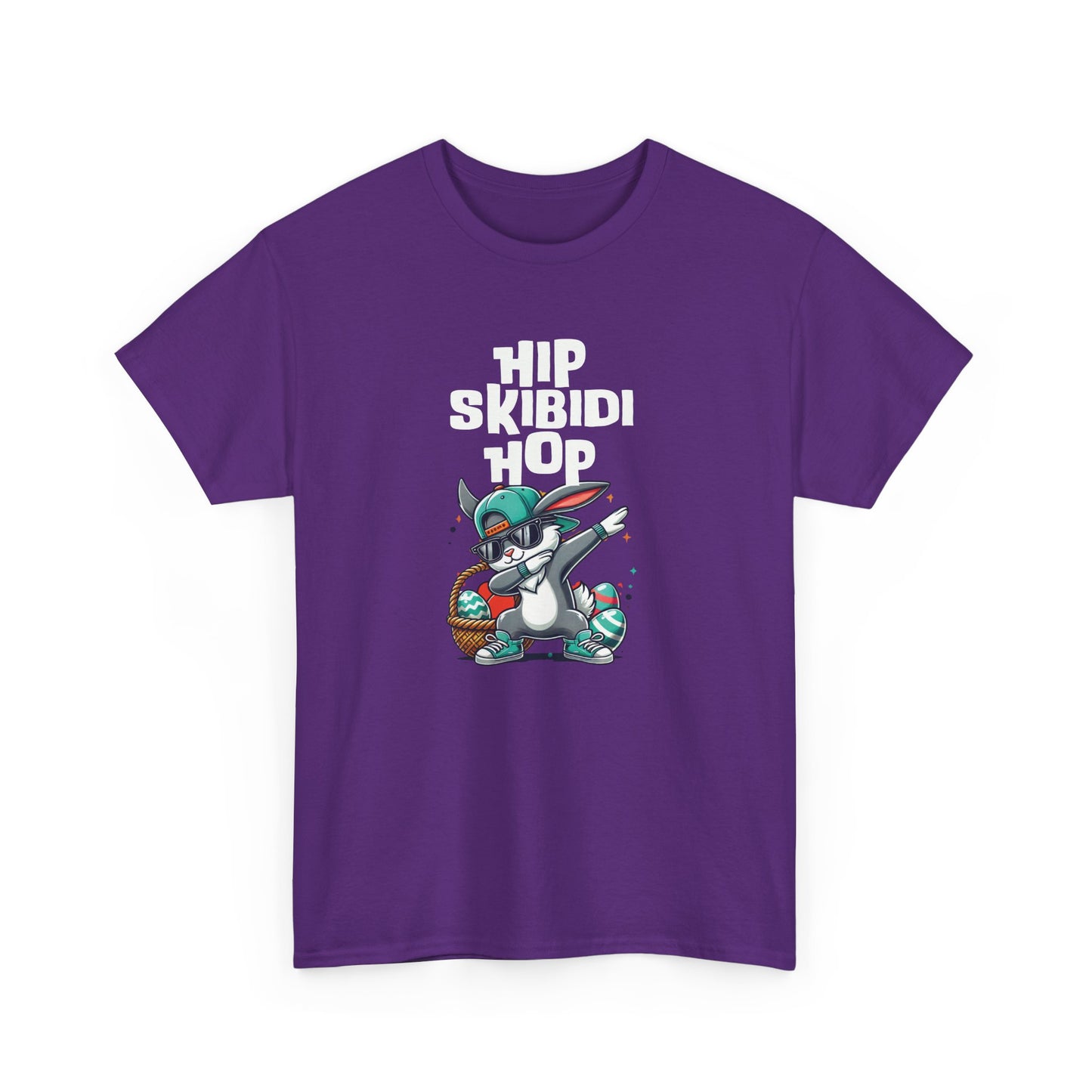 Front view of a purple meme-inspired T-shirt with a dabbing Easter bunny and "Hip Skibidi Hop" text. A playful Easter tee full of skibidi rizz. Part of the Vivid Divergence Sensory Friendly Unisex Tees Range.