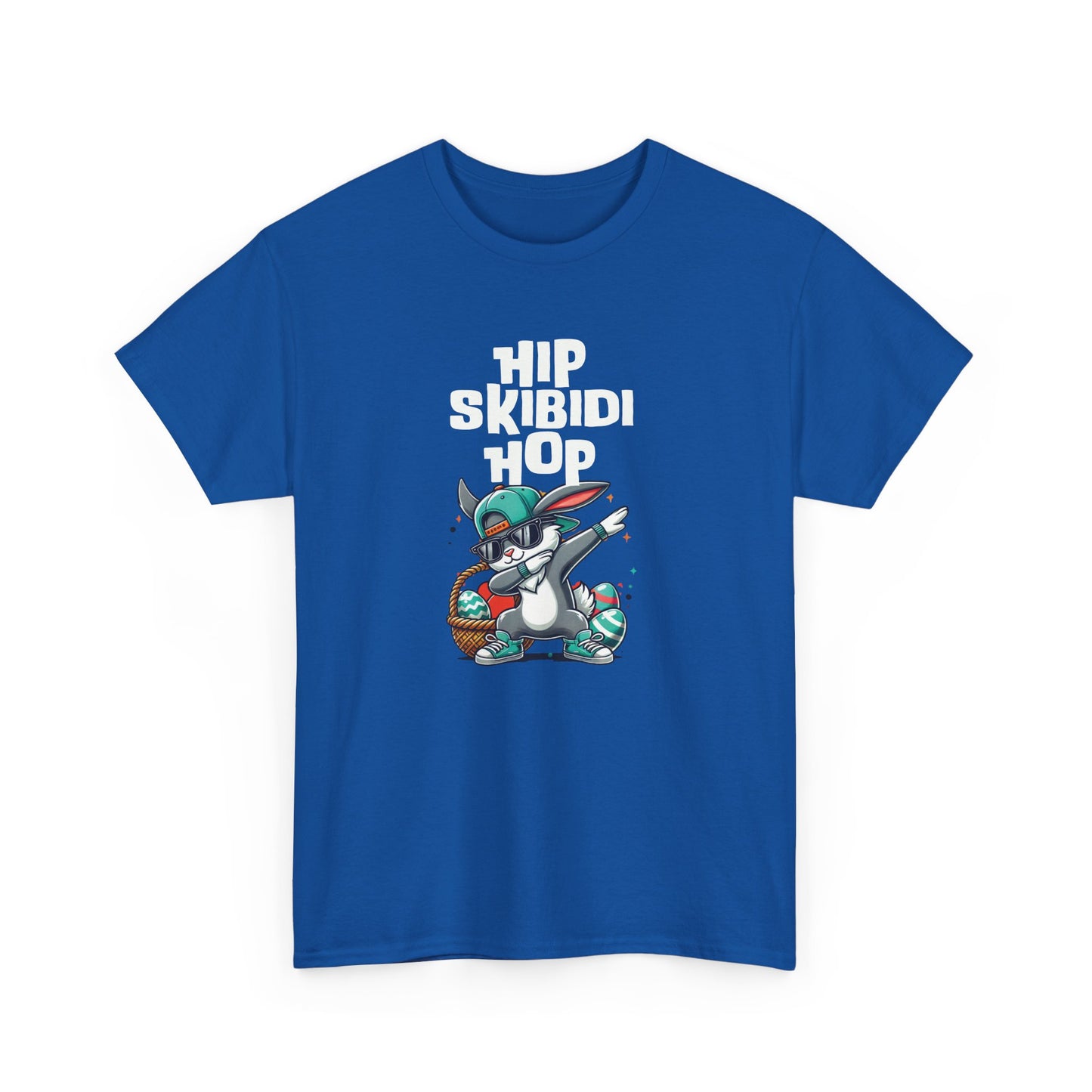 Front view of a royal blue skibidi rizz T-shirt featuring a dabbing Easter bunny and "Hip Skibidi Hop" phrase. A cool and trendy Easter meme tee. Part of the Vivid Divergence Sensory Friendly Unisex Tees Range.