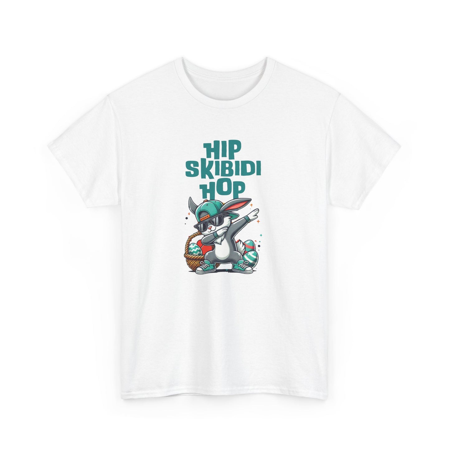 Front view of a crisp white skibidi Easter T-shirt featuring a dabbing bunny and "Hip Skibidi Hop" text. A lighthearted, meme-worthy skibidi sigma rizz shirt. Part of the Vivid Divergence Sensory Friendly Unisex Tees Range.