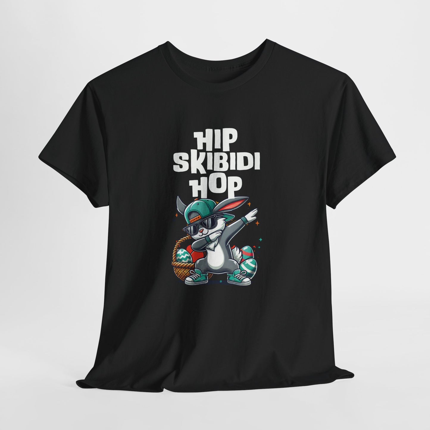 Hanging view of a viral meme-inspired T-shirt in black. Features a dabbing Easter bunny with the text "Hip Skibidi Hop." A playful skibidi sigma rizz tee for Easter fun. Part of the Vivid Divergence Sensory Friendly Unisex Tees Range.