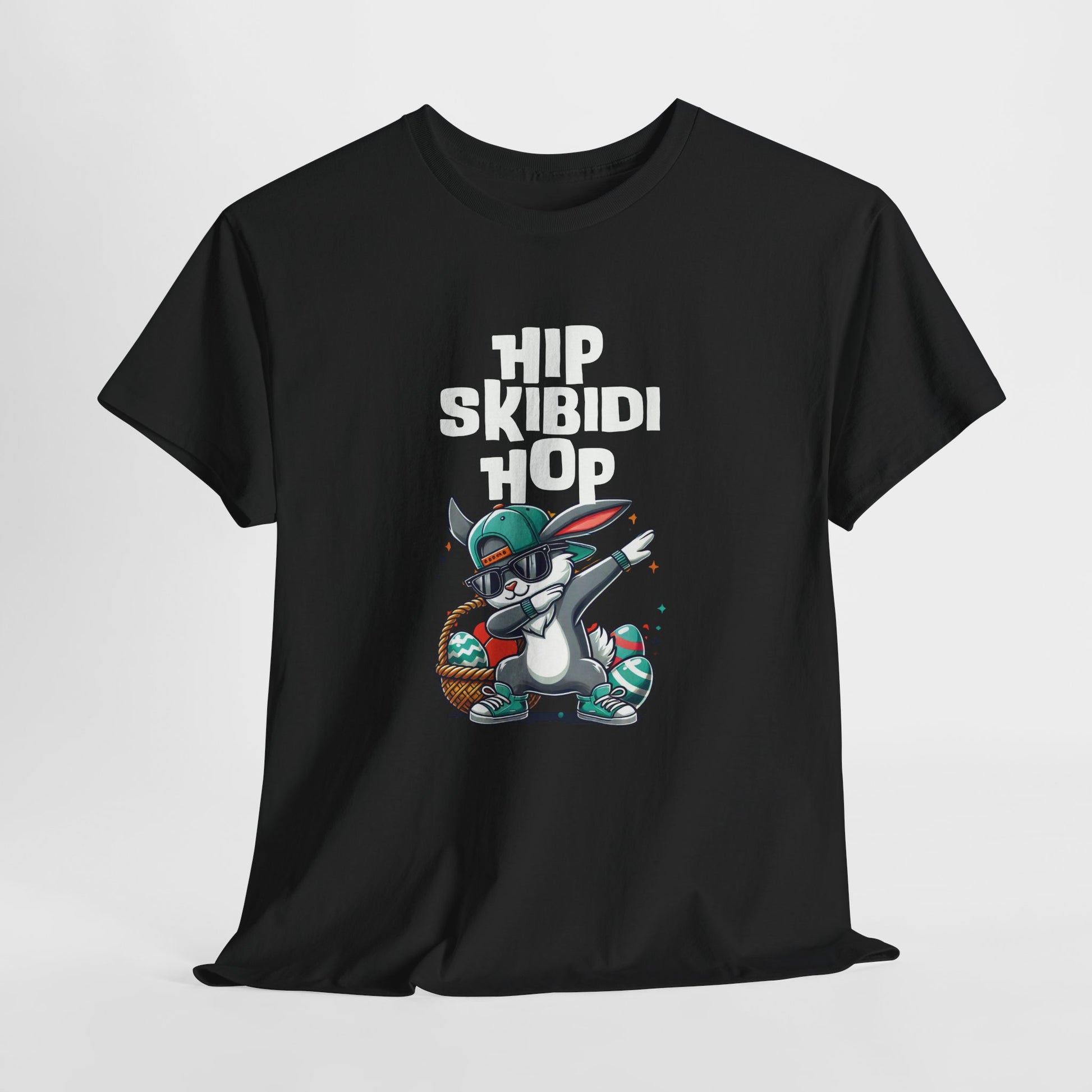 Hanging view of a viral meme-inspired T-shirt in black. Features a dabbing Easter bunny with the text "Hip Skibidi Hop." A playful skibidi sigma rizz tee for Easter fun. Part of the Vivid Divergence Sensory Friendly Unisex Tees Range.