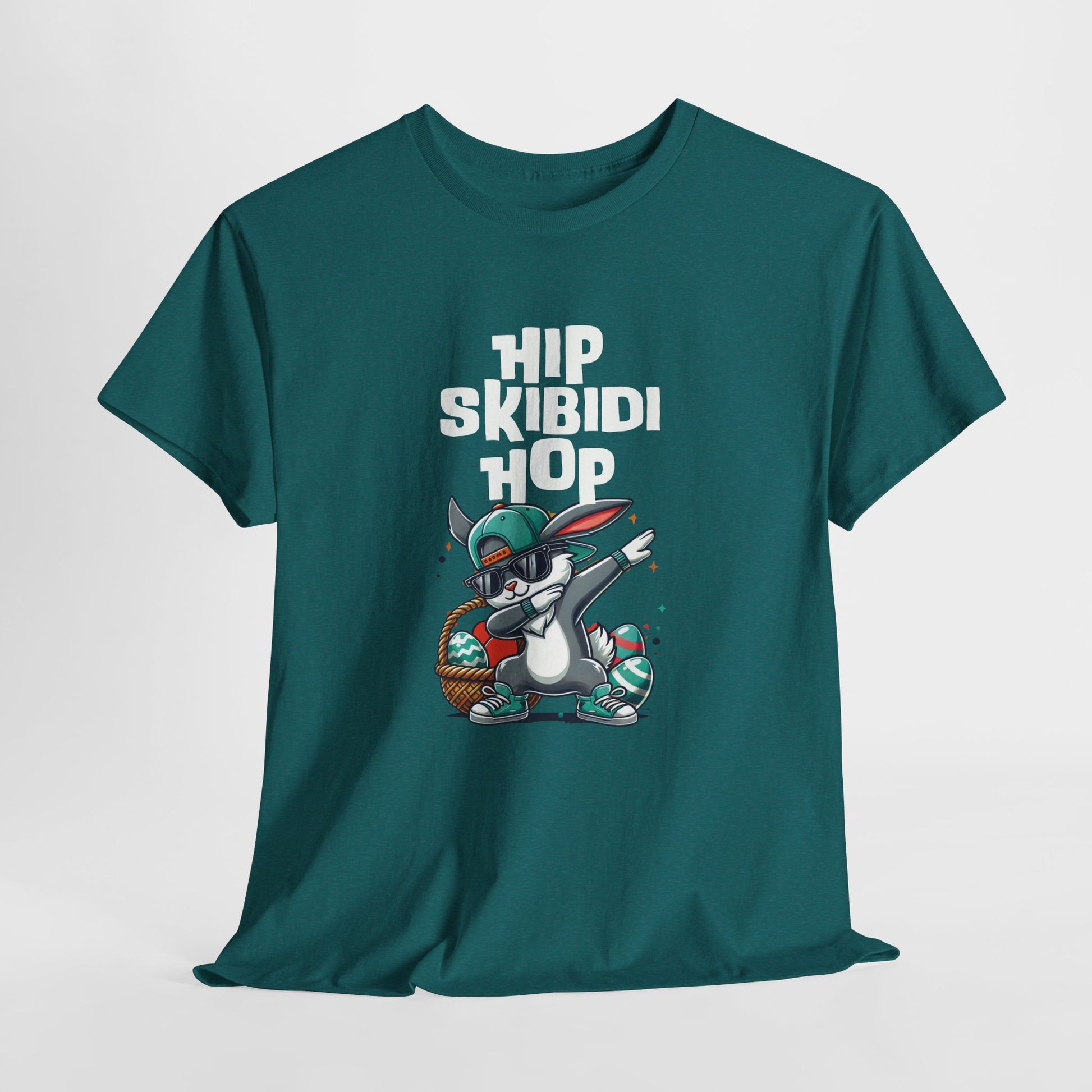Hanging view of a dark teal T-shirt showcasing a dabbing Easter bunny and "Hip Skibidi Hop" phrase. A stylish and playful skibidi sigma Easter shirt. Part of the Vivid Divergence Sensory Friendly Unisex Tees Range.