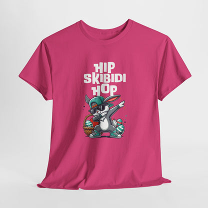 Hanging view of a bright pink T-shirt with a dabbing Easter bunny and "Hip Skibidi Hop" text. A fun, colorful choice for skibidi meme lovers this Easter. Part of the Vivid Divergence Sensory Friendly Unisex Tees Range.