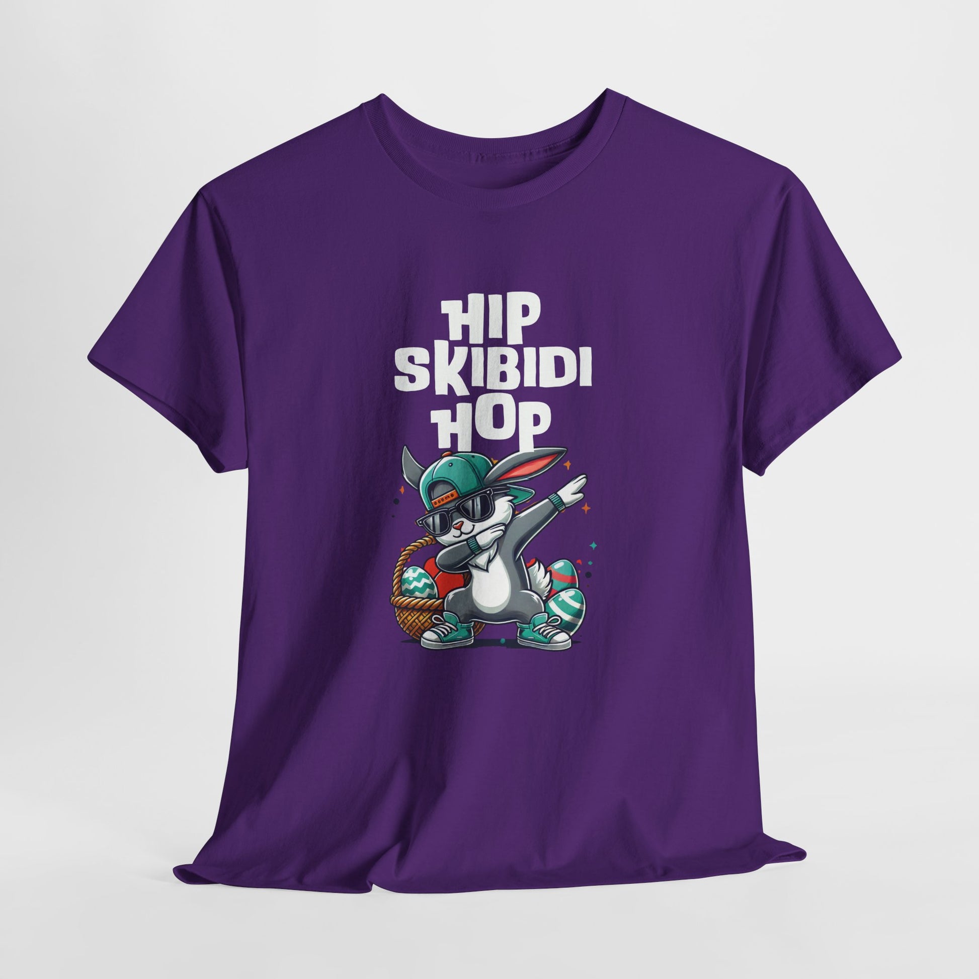 Hanging view of a bold purple T-shirt featuring a dabbing Easter bunny and "Hip Skibidi Hop" text. A fun meme-inspired skibidi sigma Easter tee. Part of the Vivid Divergence Sensory Friendly Unisex Tees Range.