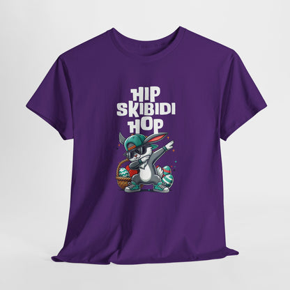 Hanging view of a bold purple T-shirt featuring a dabbing Easter bunny and "Hip Skibidi Hop" text. A fun meme-inspired skibidi sigma Easter tee. Part of the Vivid Divergence Sensory Friendly Unisex Tees Range.
