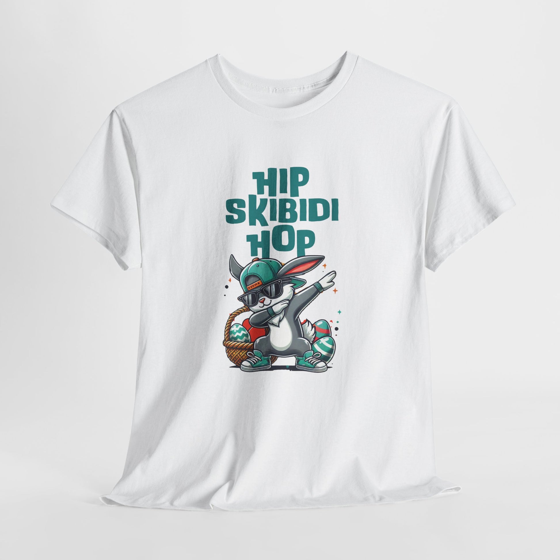 ng view of a crisp white T-shirt featuring a dabbing Easter bunny and "Hip Skibidi Hop" text. A must-have Easter meme tee bursting with skibidi energy. Part of the Vivid Divergence Sensory Friendly Unisex Tees Range.