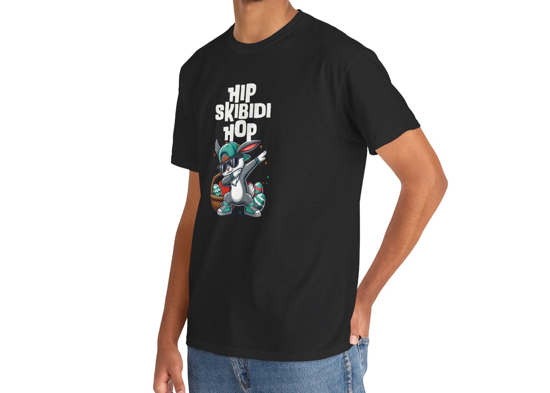 Modeled view of a black skibidi rizz T-shirt featuring a dabbing Easter bunny and "Hip Skibidi Hop" text. A fun streetwear-style meme tee. Part of the Vivid Divergence Sensory Friendly Unisex Tees Range.