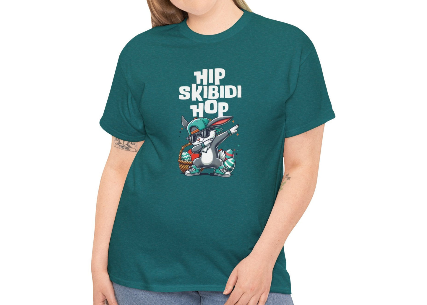 Modeled view of a dark teal skibidi rizz T-shirt featuring a dabbing bunny and "Hip Skibidi Hop" text. A quirky and fun Easter tee. Part of the Vivid Divergence Sensory Friendly Unisex Tees Range.