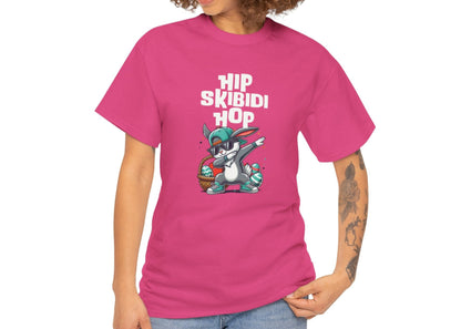 Modeled view of a pink skibidi sigma T-shirt with a dabbing Easter bunny and "Hip Skibidi Hop" text. A vibrant, trendy tee for Easter fun. Part of the Vivid Divergence Sensory Friendly Unisex Tees Range.