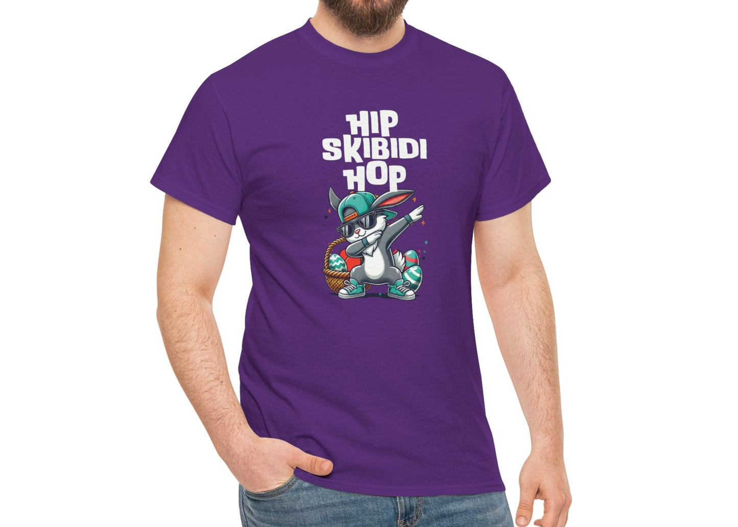 Modeled view of a purple meme-inspired T-shirt featuring a dabbing Easter bunny and "Hip Skibidi Hop" phrase. A stylish and playful Easter skibidi rizz shirt. Part of the Vivid Divergence Sensory Friendly Unisex Tees Range.