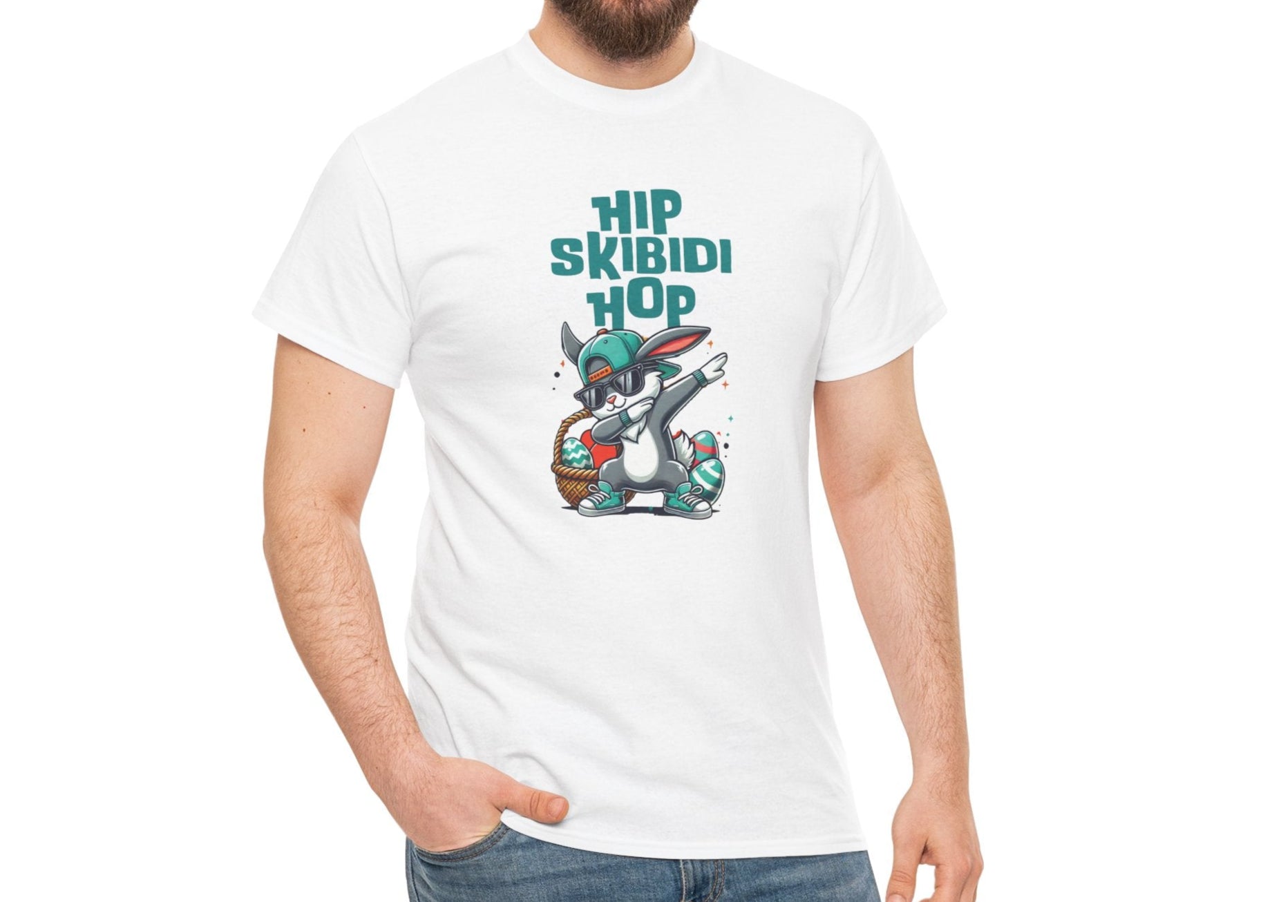 Modeled view of a white skibidi Easter T-shirt featuring a dabbing bunny and "Hip Skibidi Hop" text. A lighthearted, meme-worthy shirt for Easter celebrations. Part of the Vivid Divergence Sensory Friendly Unisex Tees Range.
