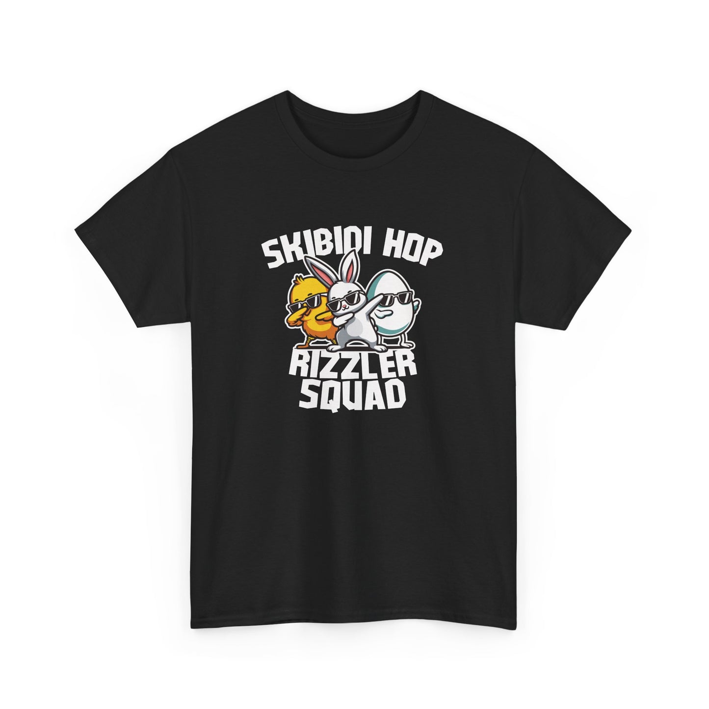 Front view of a black Skibidi Rizzler Squad Easter T-shirt showcasing a confident Easter bunny and chick duo in sunglasses. The ultimate skibidi meme tee for Easter. Part of the Vivid Divergence Sensory Friendly Unisex Tees Range.