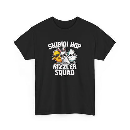 Front view of a black Skibidi Rizzler Squad Easter T-shirt showcasing a confident Easter bunny and chick duo in sunglasses. The ultimate skibidi meme tee for Easter. Part of the Vivid Divergence Sensory Friendly Unisex Tees Range.