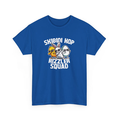Front view of a blue Skibidi Rizzler Squad Easter T-shirt with a swagged-out bunny and chick duo. The perfect viral meme tee for skibidi rizz Easter energy. Part of the Vivid Divergence Sensory Friendly Unisex Tees Range.