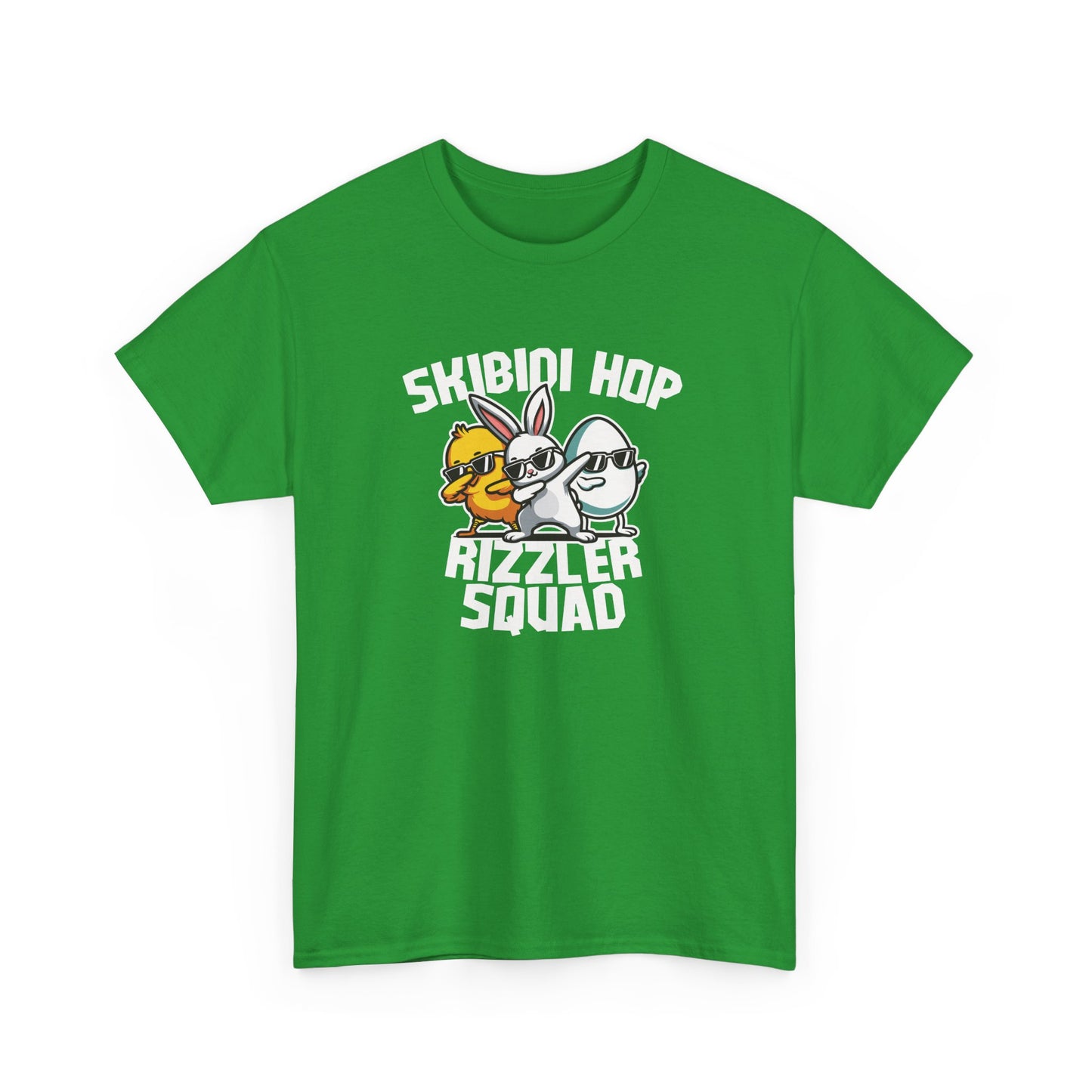 Front view of a green Skibidi Rizzler Squad Easter T-shirt with two meme-worthy Easter characters flexing skibidi rizz energy. A must-have viral tee. Part of the Vivid Divergence Sensory Friendly Unisex Tees Range.