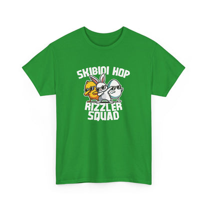 Front view of a green Skibidi Rizzler Squad Easter T-shirt with two meme-worthy Easter characters flexing skibidi rizz energy. A must-have viral tee. Part of the Vivid Divergence Sensory Friendly Unisex Tees Range.