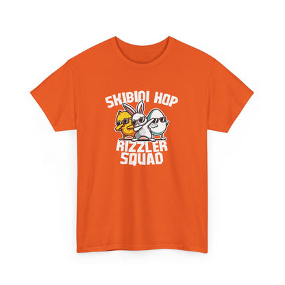 Front view of an orange Skibidi Rizzler Squad Easter T-shirt showcasing a drippy bunny and chick with sunglasses. A fun skibidi sigma Easter tee. Part of the Vivid Divergence Sensory Friendly Unisex Tees Range.