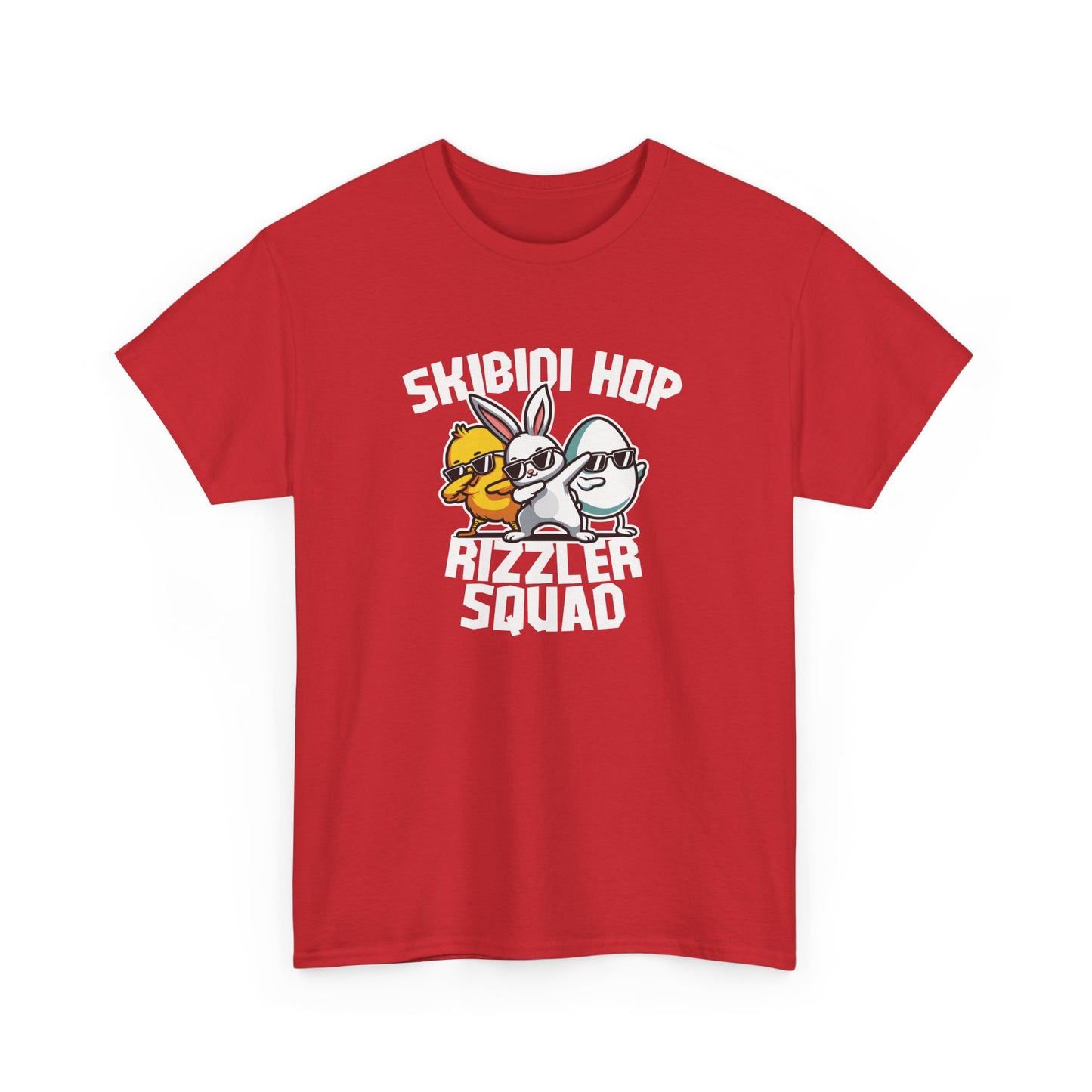 Front view of a red Skibidi Rizzler Squad Easter T-shirt featuring a swagged-out bunny and chick rocking sunglasses. A bold and trendy skibidi sigma rizz tee. Part of the Vivid Divergence Sensory Friendly Unisex Tees Range.