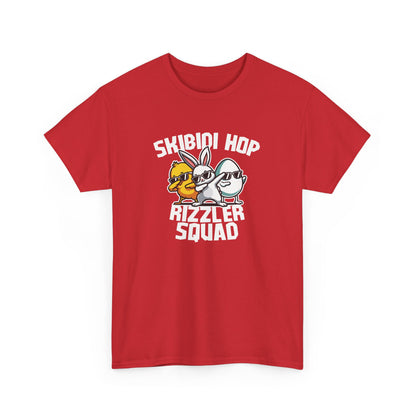 Front view of a red Skibidi Rizzler Squad Easter T-shirt featuring a swagged-out bunny and chick rocking sunglasses. A bold and trendy skibidi sigma rizz tee. Part of the Vivid Divergence Sensory Friendly Unisex Tees Range.