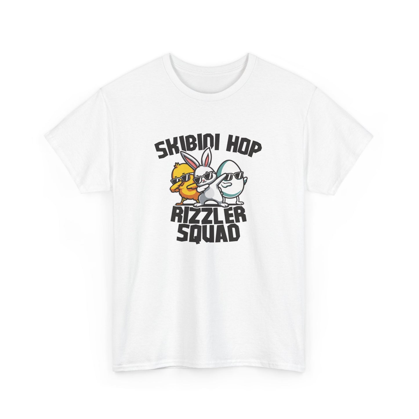 Front view of a white Skibidi Rizzler Squad Easter T-shirt featuring two stylish, meme-inspired Easter characters and "Skibidi Hop Rizzler Squad" text. A fun, trendy tee. Part of the Vivid Divergence Sensory Friendly Unisex Tees Range.