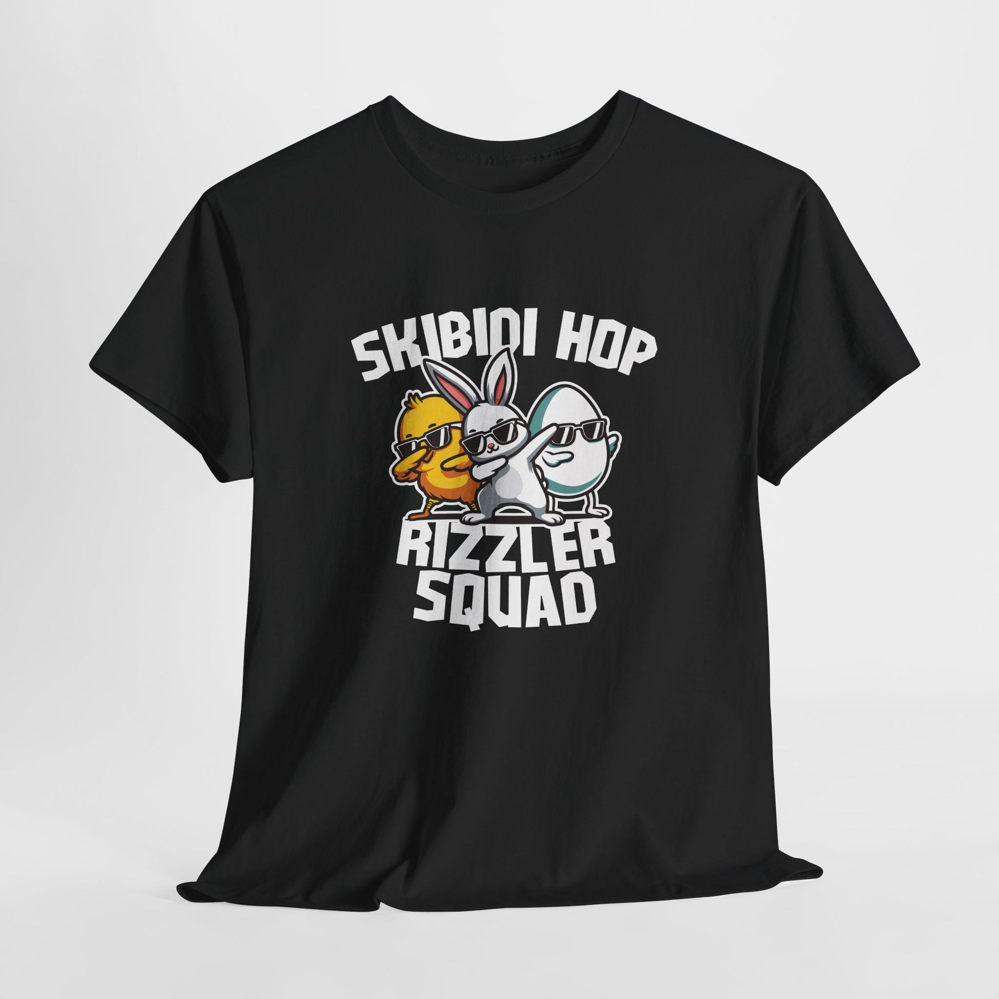 Hanging view of a black Skibidi Rizzler Squad Easter T-shirt featuring two stylish, meme-style Easter characters with the text "Skibidi Hop Rizzler Squad." The ultimate Easter meme tee. Part of the Vivid Divergence Sensory Friendly Unisex Tees Range.