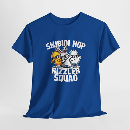 Hanging view of a royal blue Skibidi Rizzler Squad Easter T-shirt featuring two swagged-out Easter characters and meme text. A fun, skibidi sigma rizz energy tee. Part of the Vivid Divergence Sensory Friendly Unisex Tees Range.