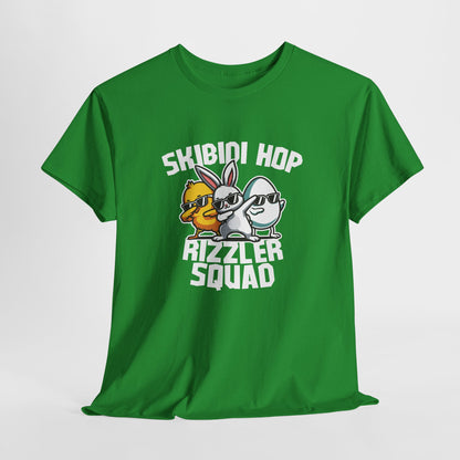 Hanging view of a green Skibidi Rizzler Squad Easter T-shirt showcasing two Easter characters rocking sunglasses and skibidi sigma rizz. A fun, trendy Easter meme shirt. Part of the Vivid Divergence Sensory Friendly Unisex Tees Range. 