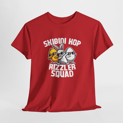 Hanging view of a red Skibidi Rizzler Squad Easter T-shirt with a meme-worthy rizzler bunny and chick duo. A bold, viral skibidi sigma tee for Easter celebrations. Part of the Vivid Divergence Sensory Friendly Unisex Tees Range.