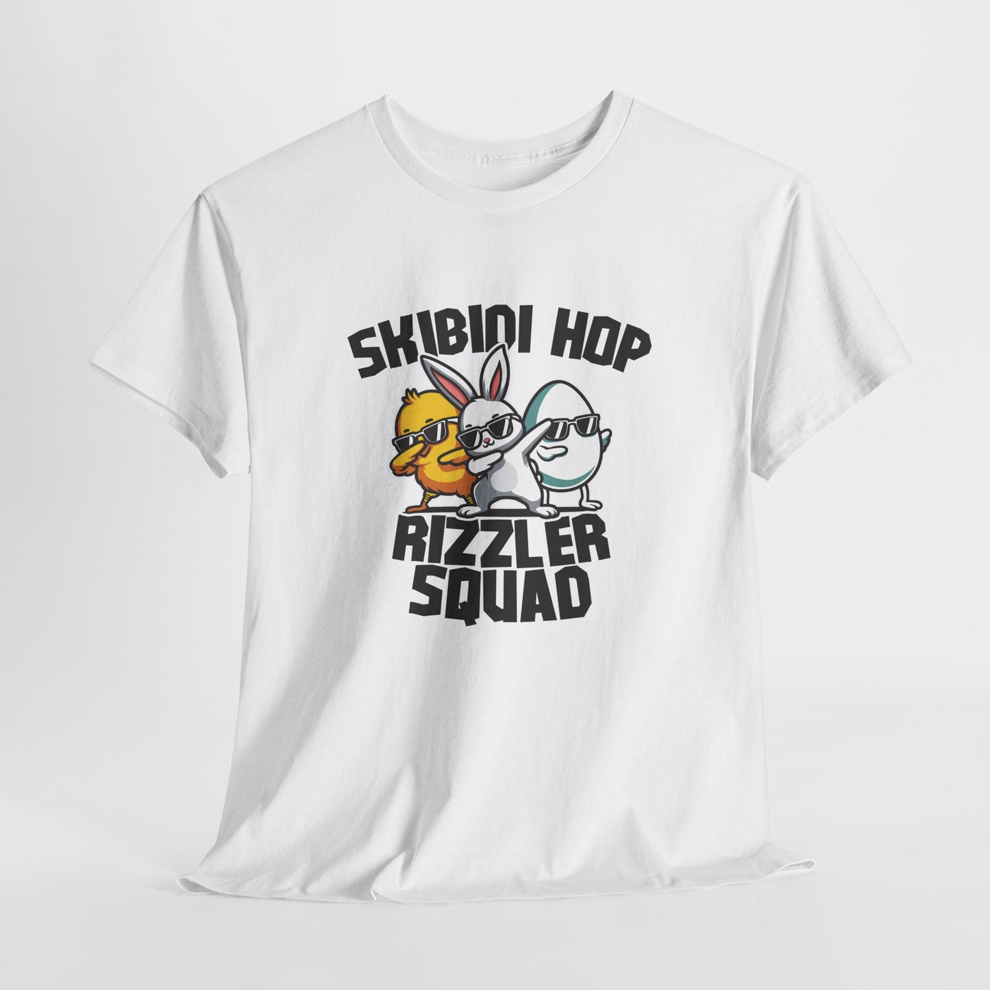 Hanging view of a white Skibidi Rizzler Squad Easter T-shirt featuring two meme-style Easter characters with sunglasses and the phrase "Skibidi Hop Rizzler Squad." A bold, viral Easter meme tee. Part of the Vivid Divergence Sensory Friendly Unisex Tees Range.