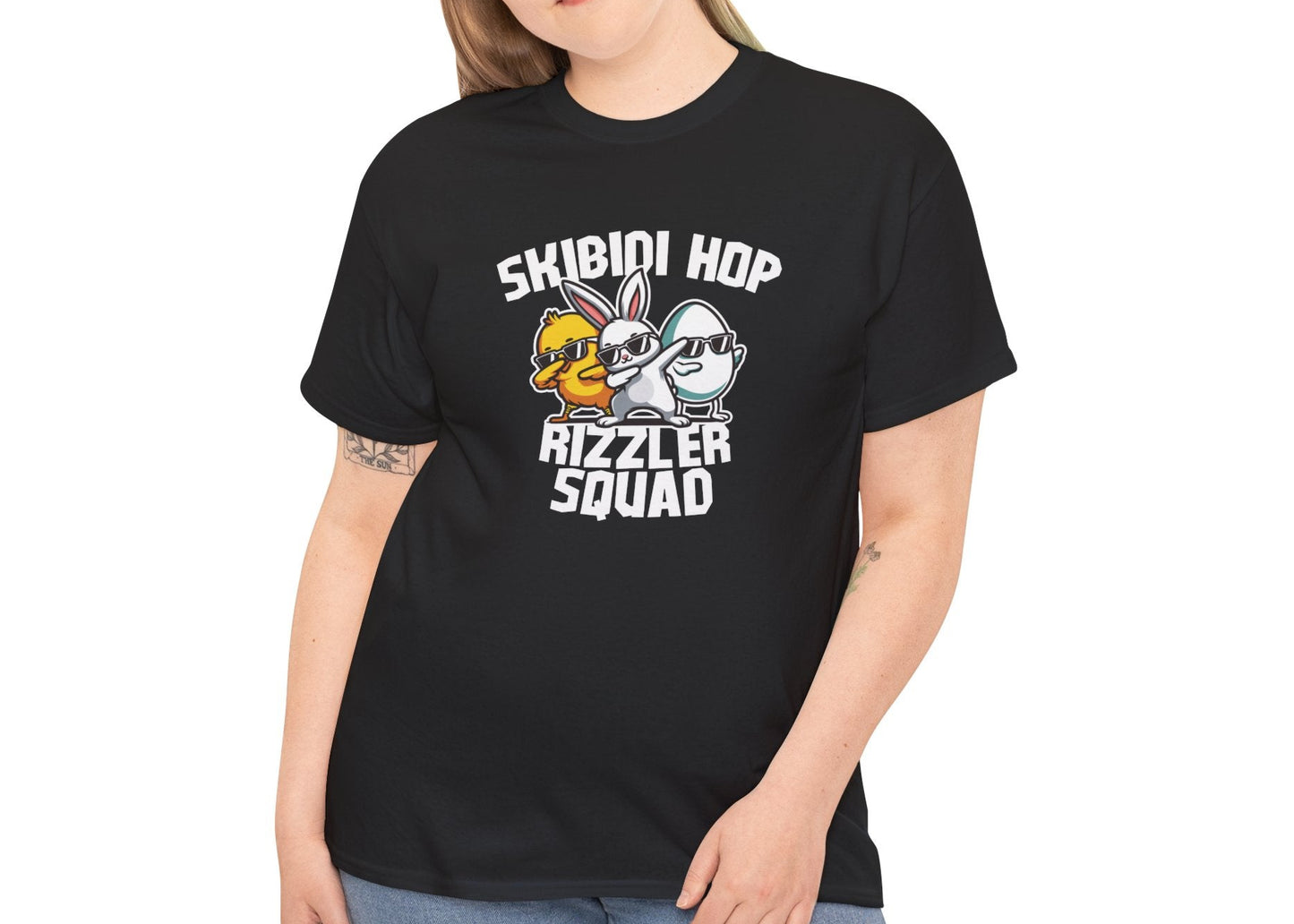 Modeled view of a black Skibidi Rizzler Squad Easter T-shirt featuring two stylish Easter characters flexing meme-worthy rizz energy. A trendy skibidi sigma tee for Easter. Part of the Vivid Divergence Sensory Friendly Unisex Tees Range.
