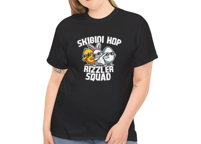 Modeled view of a black Skibidi Rizzler Squad Easter T-shirt featuring two stylish Easter characters flexing meme-worthy rizz energy. A trendy skibidi sigma tee for Easter. Part of the Vivid Divergence Sensory Friendly Unisex Tees Range.