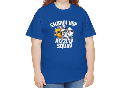 Modeled view of a blue Skibidi Rizzler Squad Easter T-shirt featuring a swagged-out Easter bunny and chick. A bold, meme-inspired skibidi sigma tee. Part of the Vivid Divergence Sensory Friendly Unisex Tees Range.