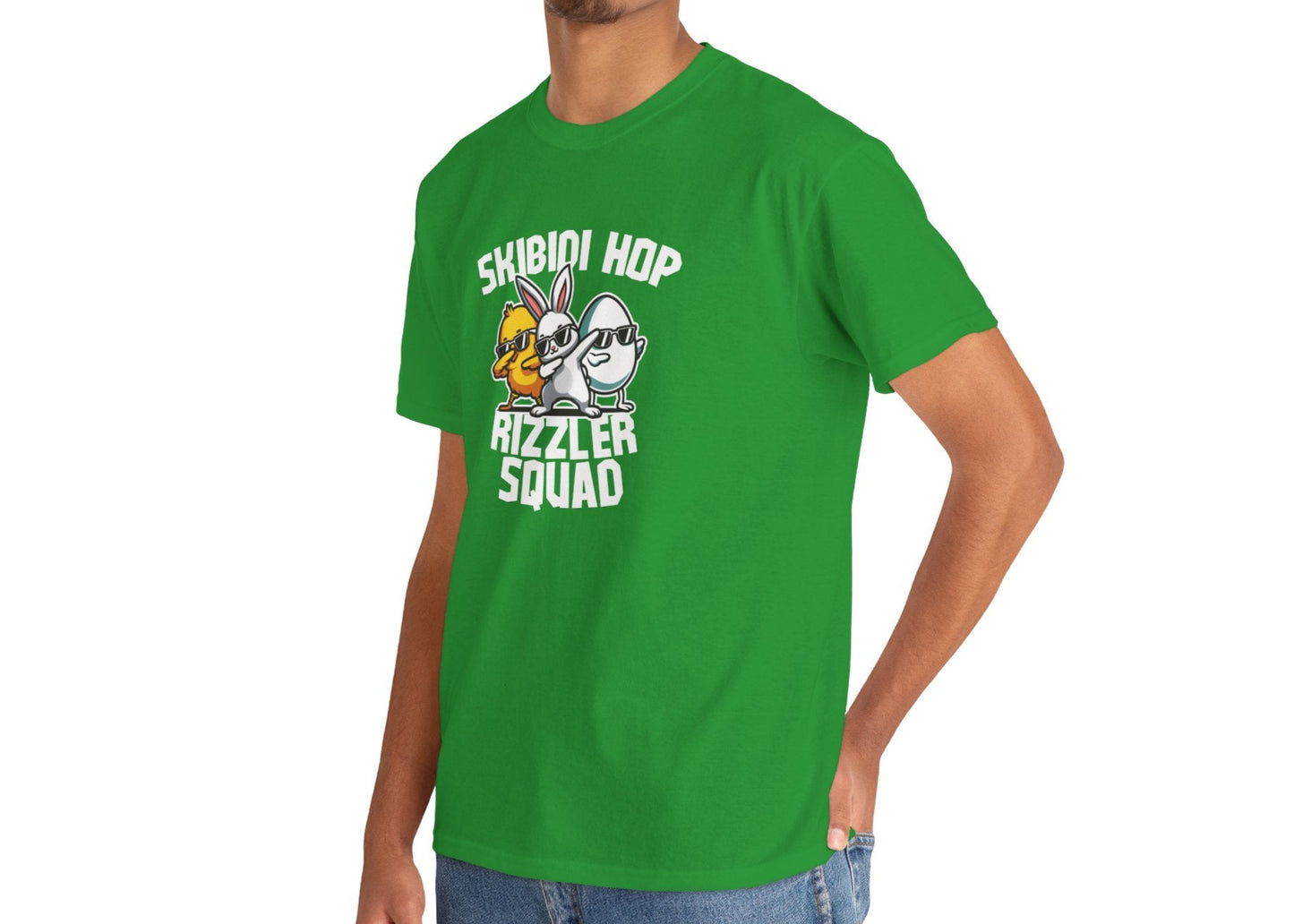 Modeled view of a green Skibidi Rizzler Squad Easter T-shirt featuring two stylish, sunglasses-wearing Easter characters. A trendy and fun skibidi rizz meme tee. Part of the Vivid Divergence Sensory Friendly Unisex Tees Range.