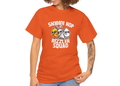 Modeled view of an orange Skibidi Rizzler Squad Easter T-shirt with a stylish bunny and chick duo rocking sunglasses. The perfect skibidi meme tee for Easter rizz energy. Part of the Vivid Divergence Sensory Friendly Unisex Tees Range.