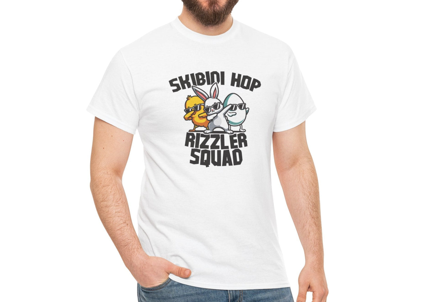 Modeled view of a white Skibidi Rizzler Squad Easter T-shirt featuring two meme-inspired Easter characters with shades and "Skibidi Hop Rizzler Squad" text. A viral Easter rizz shirt. Part of the Vivid Divergence Sensory Friendly Unisex Tees Range.