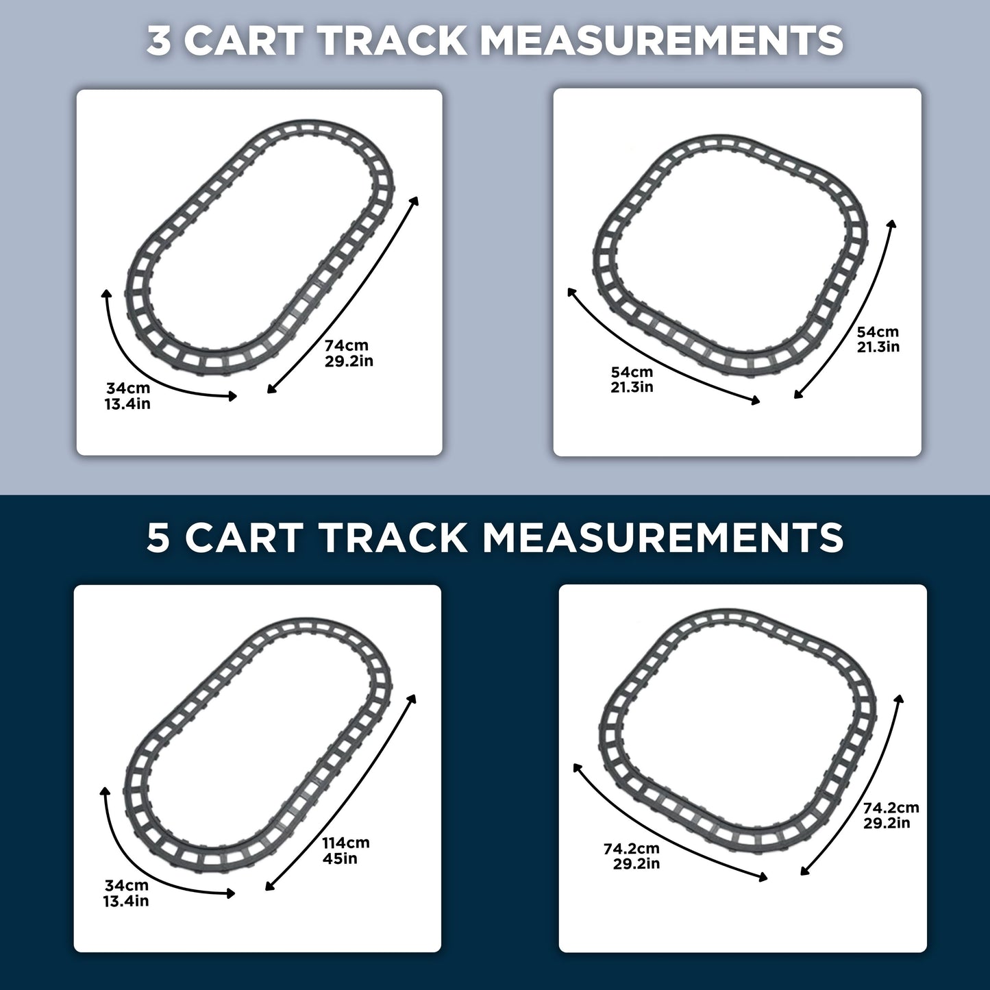 Comparison of 3-cart and 5-cart track measurements for the Tasty Tracks train. The 3-cart track options measure 74cm x 34cm (29.2in x 13.4in) and 54cm x 54cm (21.3in x 21.3in). The 5-cart track options measure 114cm x 34cm (45in x 13.4in) and 74.2cm x 29.2cm (29.2in x 11.5in).