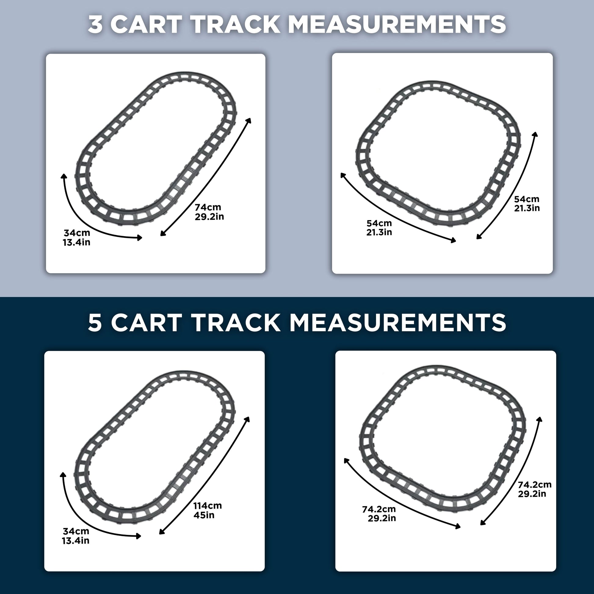 Comparison of 3-cart and 5-cart track measurements for the Tasty Tracks train. The 3-cart track options measure 74cm x 34cm (29.2in x 13.4in) and 54cm x 54cm (21.3in x 21.3in). The 5-cart track options measure 114cm x 34cm (45in x 13.4in) and 74.2cm x 29.2cm (29.2in x 11.5in).