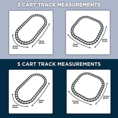 Comparison of 3-cart and 5-cart track measurements for the Tasty Tracks train. The 3-cart track options measure 74cm x 34cm (29.2in x 13.4in) and 54cm x 54cm (21.3in x 21.3in). The 5-cart track options measure 114cm x 34cm (45in x 13.4in) and 74.2cm x 29.2cm (29.2in x 11.5in).