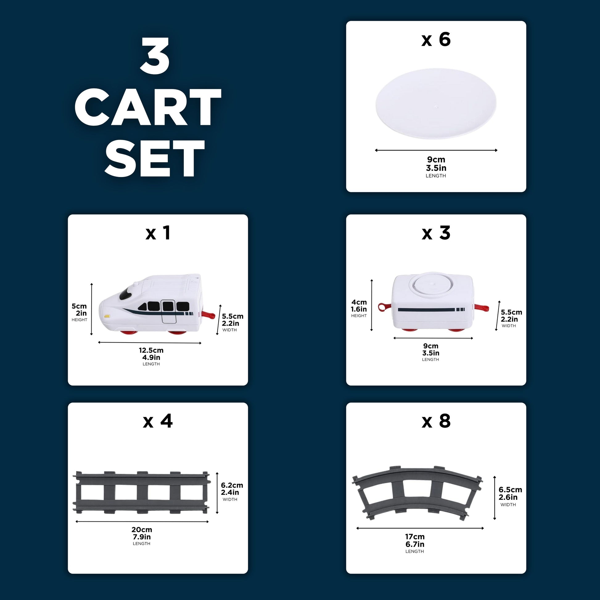 Breakdown of the 3-cart set for the Tasty Tracks train, including one locomotive (12.5cm x 5cm x 5.5cm), three carts (9cm x 4cm x 5.5cm), six round food trays (9cm), four straight tracks (20cm x 6.2cm), and eight curved tracks (17cm x 6.5cm).