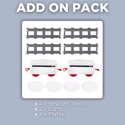 "Add On Pack" for Tasty Tracks, including four straight tracks, two extra carts, and four round food plates to expand the mealtime train experience.