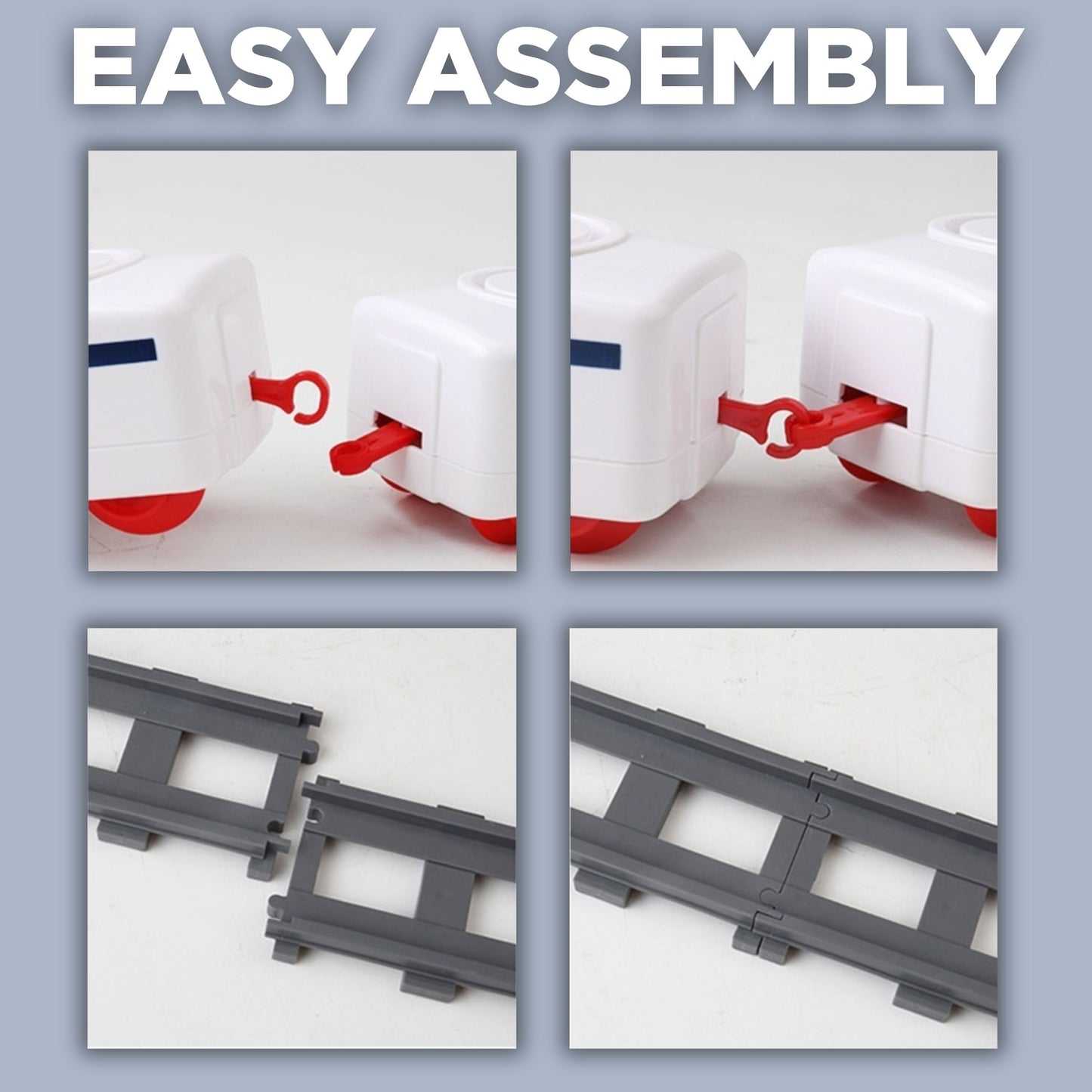 "Easy Assembly" guide showing how to connect Tasty Tracks train carts using red hook attachments and how to snap together the track pieces for quick setup.
